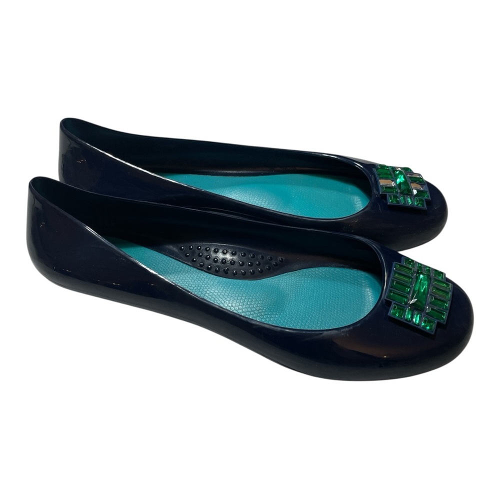 OKA b. Dark Blue Jelly Flats with Emerald Accenting size 8